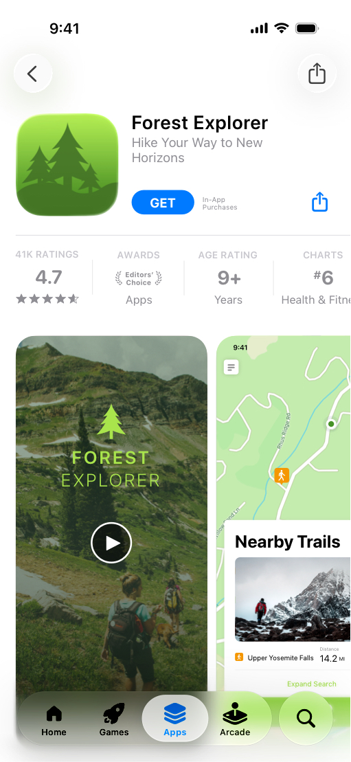 Forest Explorer 앱의 App Store 제품 페이지 중 등산로 테마 버전을 표시하고 있는 iPhone