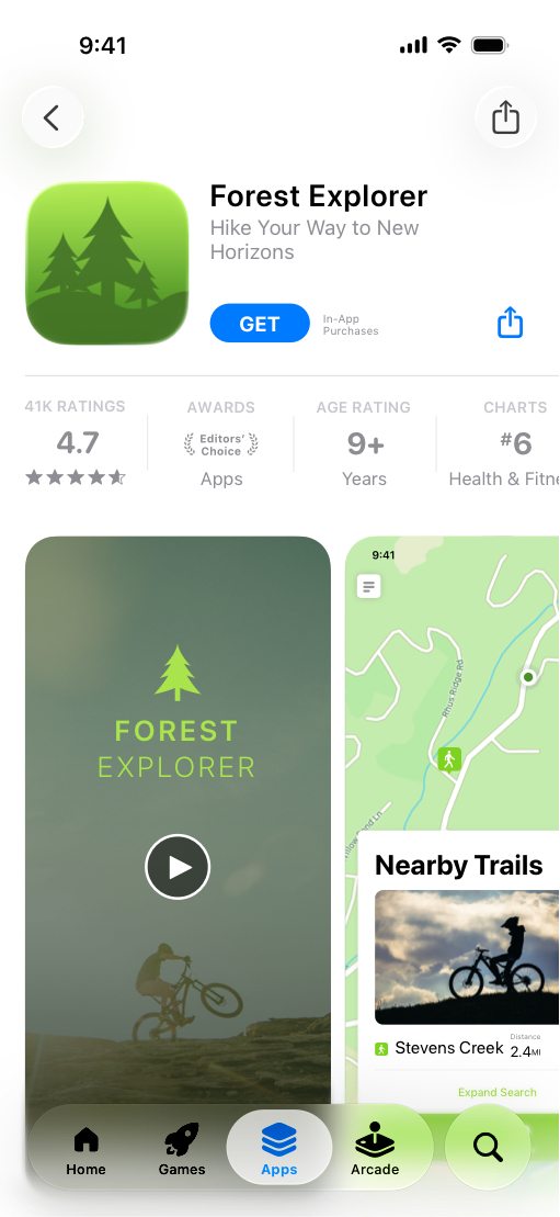 Forest Explorer 앱의 App Store 제품 페이지 중 자전거 코스 테마 버전을 표시하고 있는 iPhone