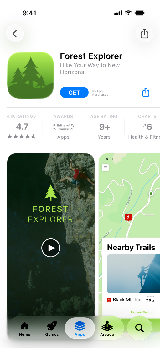 Forest Explorer 앱의 App Store 제품 페이지 중 암벽 등반 테마 버전을 표시하고 있는 iPhone
