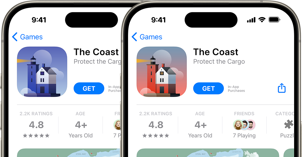 iPhones side-by-side comparing different versions of The Coast app’s product page.