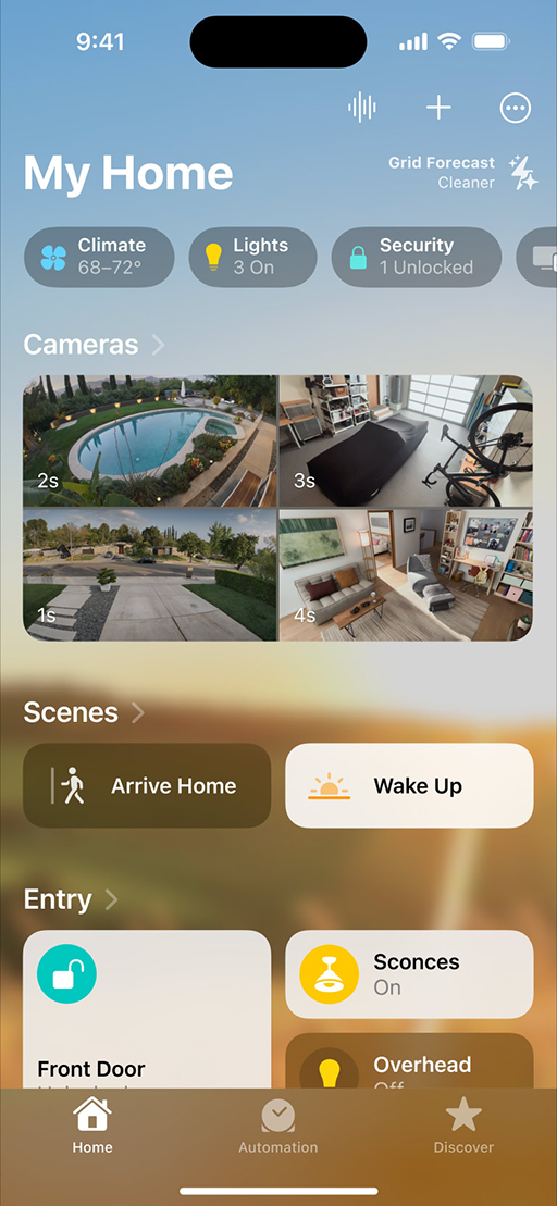 iPhone showing a smart home app with climate, lighting, security, and camera features.