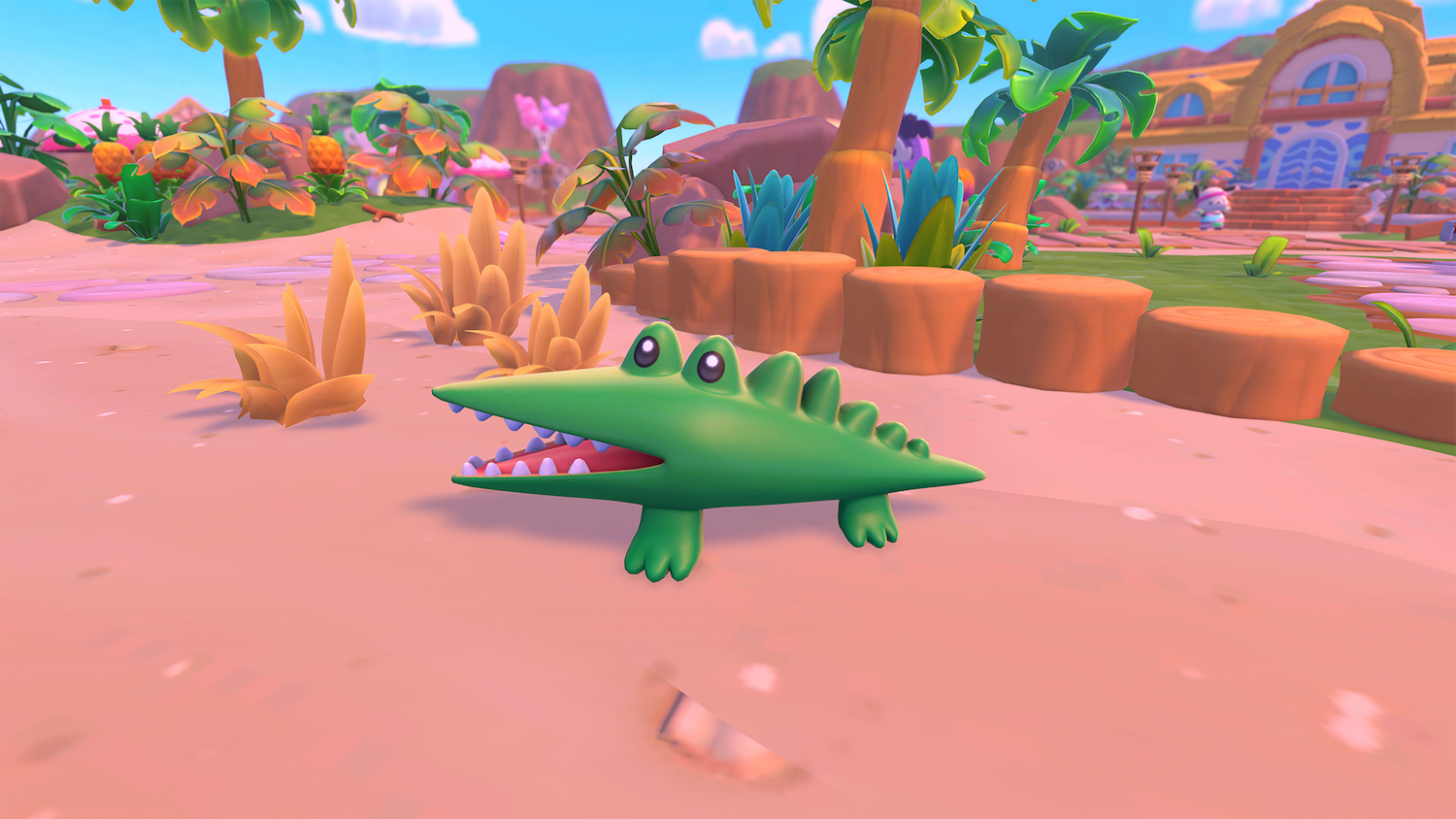 A screenshot from Hello Kitty Island Adventure, showing the character Big Challenges — a small cute alligator with big eyes — walking through a colorful desert-like landscape.