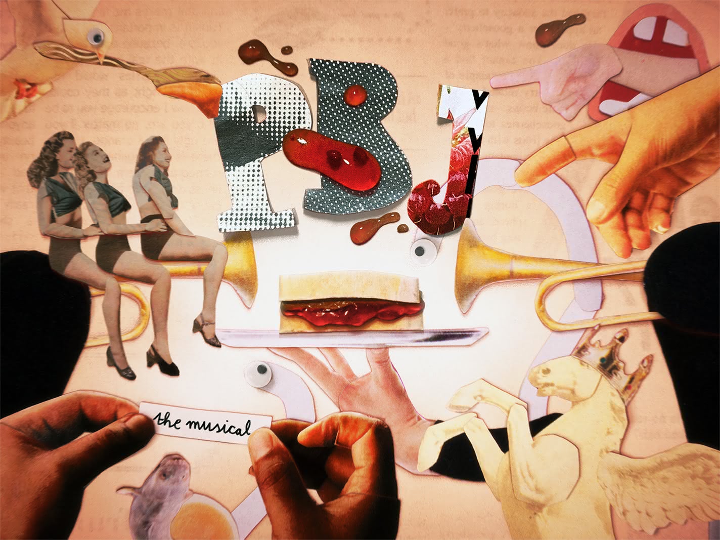 A collage of elements from the game PBJ — The Musical, which are all cut out from print publications and arranged wildly against a parchment-style background. Some elements include a trumpet, a galloping horse with wings, two pointing fingers, and the letters 'PBJ' in various backgrounds.