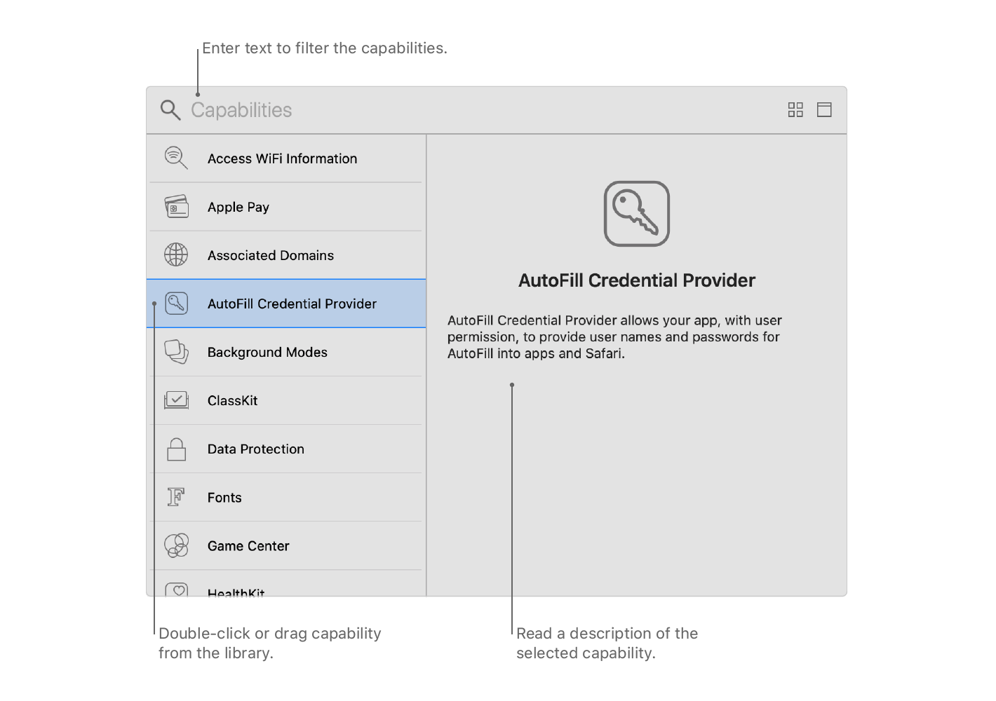 显示“Signing & Capabilities”(签名和功能) 面板的截屏,其中选择了一项功能,并显示了你可以从中阅读对应功能描述的详情视图。