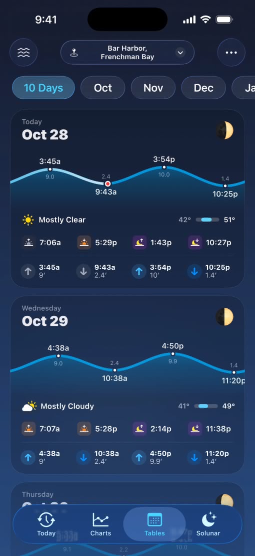 Tide Guide app with Liquid Glass interface