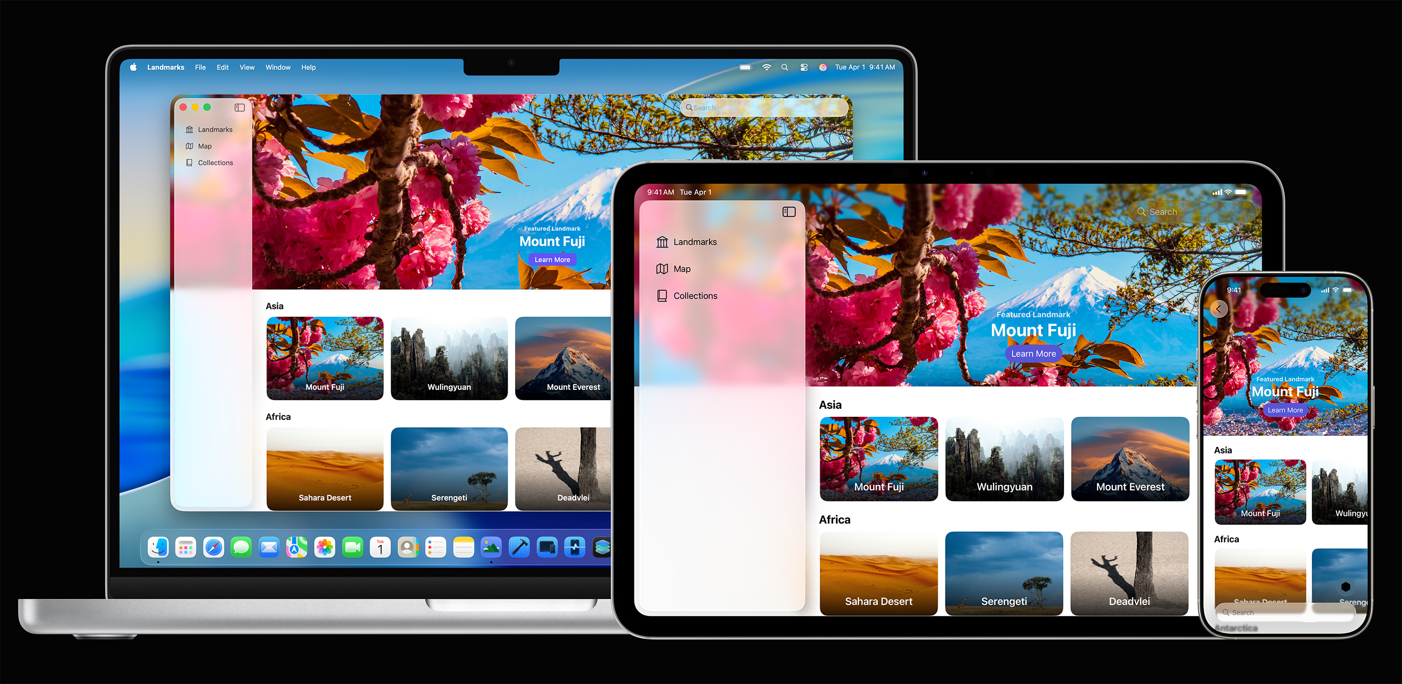 A MacBook Pro, iPad, and iPhone, each displaying the SwiftUI interface.