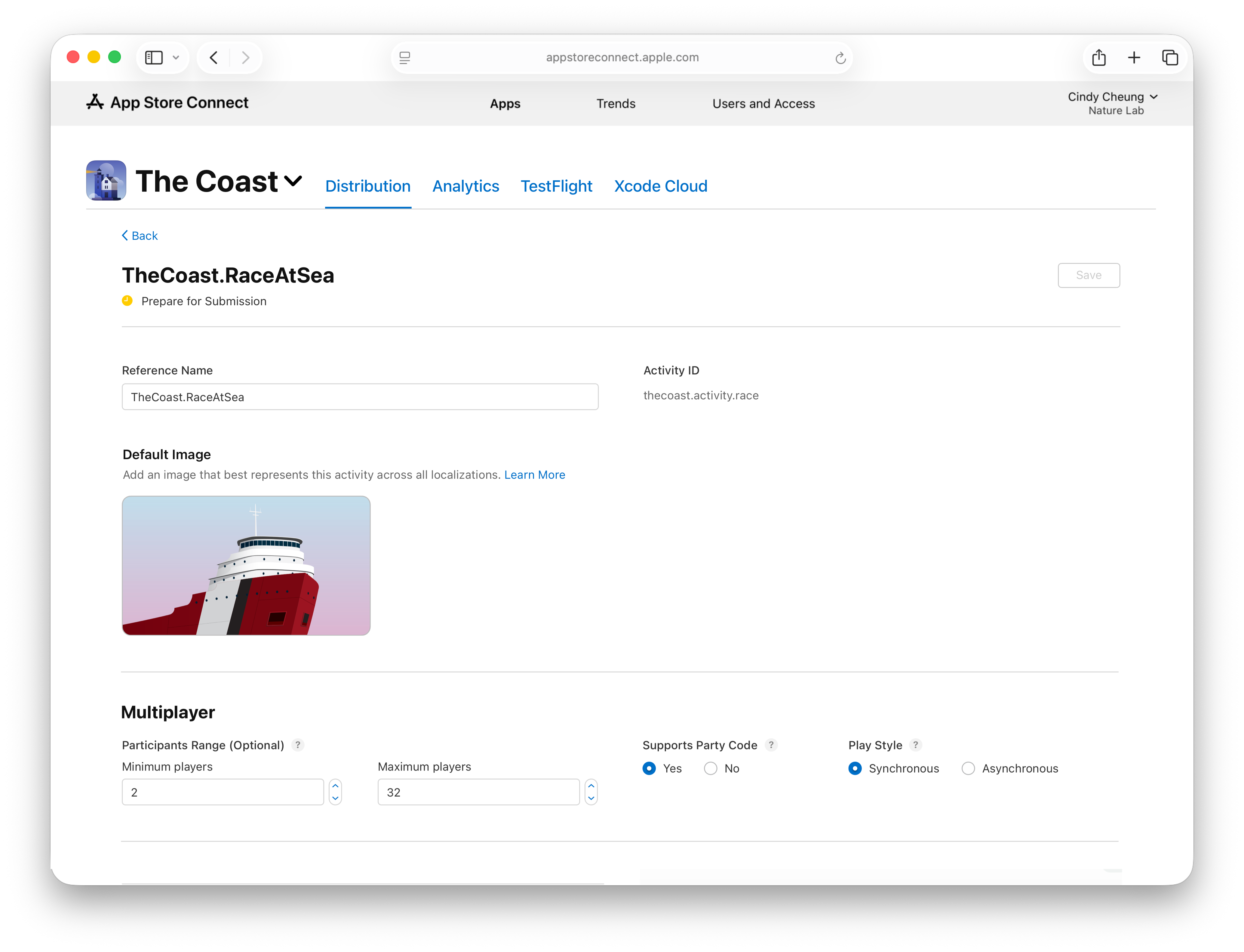 A screenshot of the activity detail page for 'The Coast.RaceAtSea', showing 'Prepare for Submission' status and completed fields including reference name, activity ID, image, and multiplayer information.