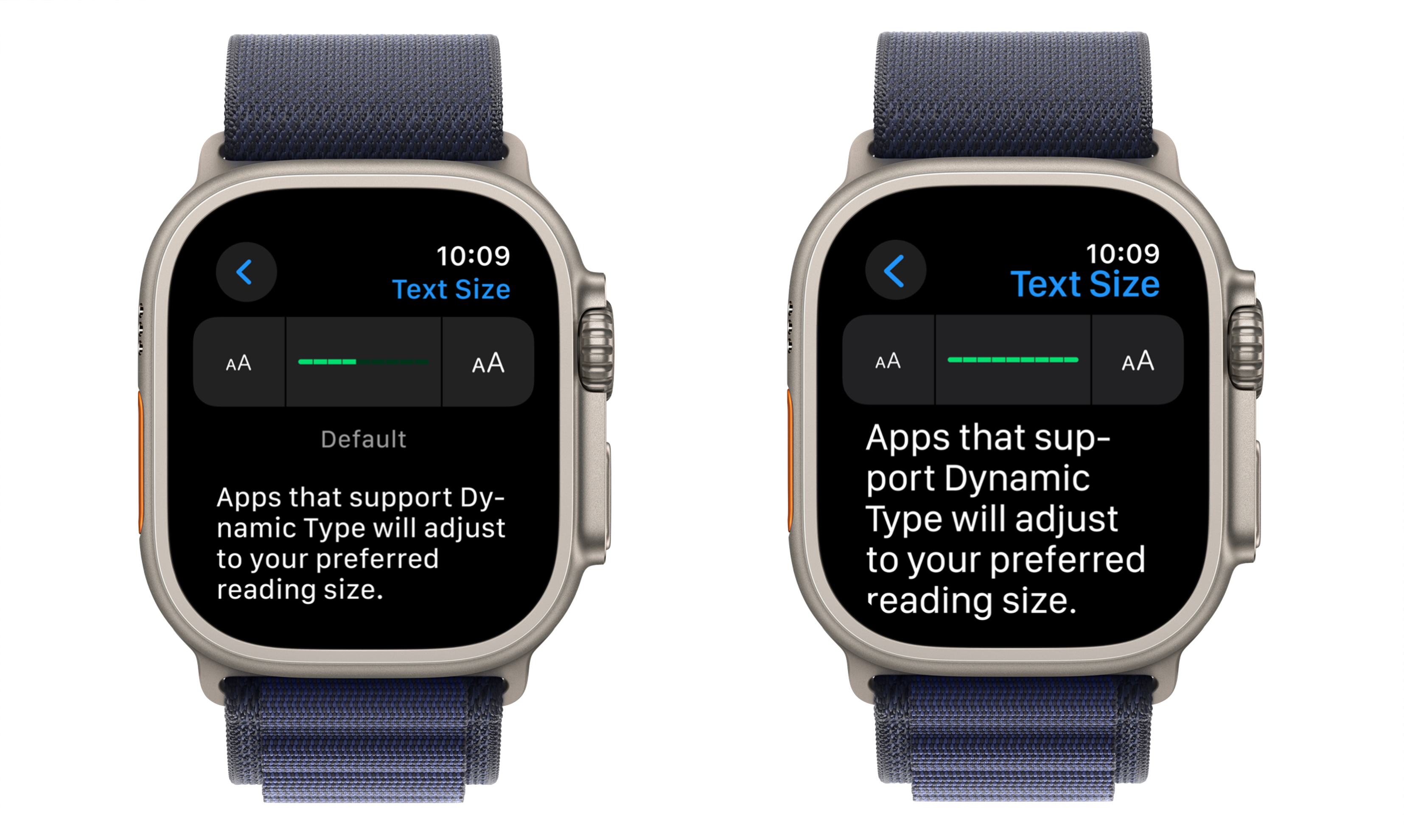 Apple Watch Settings, displaying the default font size and the maximum font size.