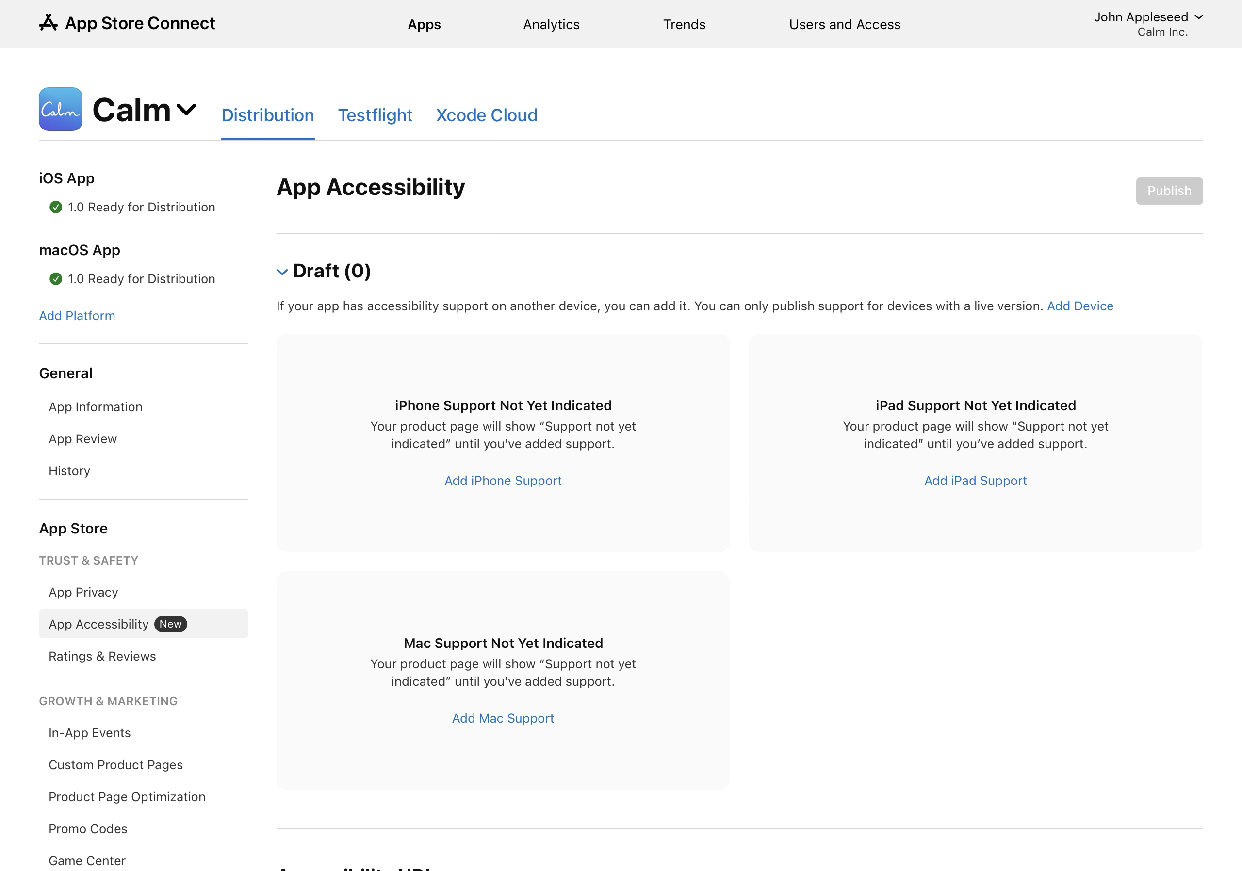Screenshot of the "App Accessibility" page shows that accessibility support hasn’t yet been indicated for iPhone, iPad, or Mac. The page displays messages saying "Your product page will show "Support not yet indicated" until you've added support." with links to "Add iPhone Support", "Add iPad Support", and "Add Mac Support" respectively. A  non-interactive "Publish" button is present at the top right of the screen.