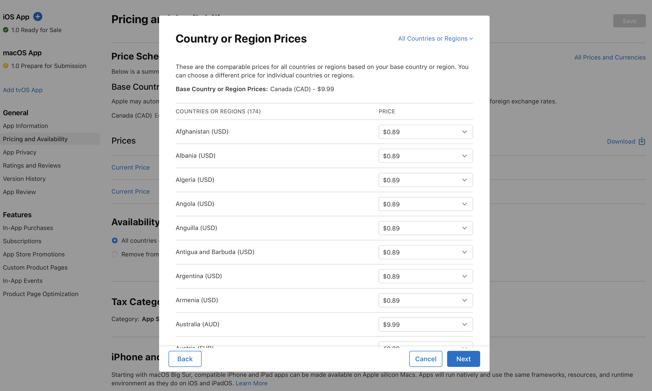 Screenshot of the Country or Region Prices dialog, which has comparable prices for all other countries or regions are listed. Each prices are editable. At the bottom of the dialog, the Back button is on the left, and the Cancel and Next buttons are on the right.