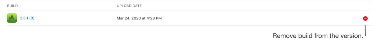 Screenshot of the Build section on the platform detail page, where the pointer points to the delete button to the right side of the build.