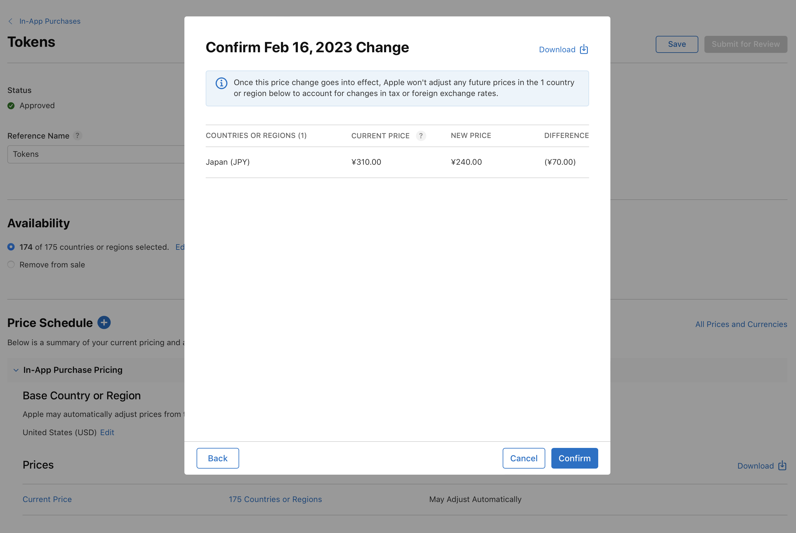 截屏为价格调整确认的弹出窗口，显示日本的当前价格为 ¥310.00，新价格为 ¥240.00，两者相差 ¥70.00。顶部是一条提醒，表示 Apple 不会因为税率或外汇汇率变化而调整该国家或地区的价格。窗口左下角为“返回”按钮，右下角为“取消”按钮和“下一步”按钮。
