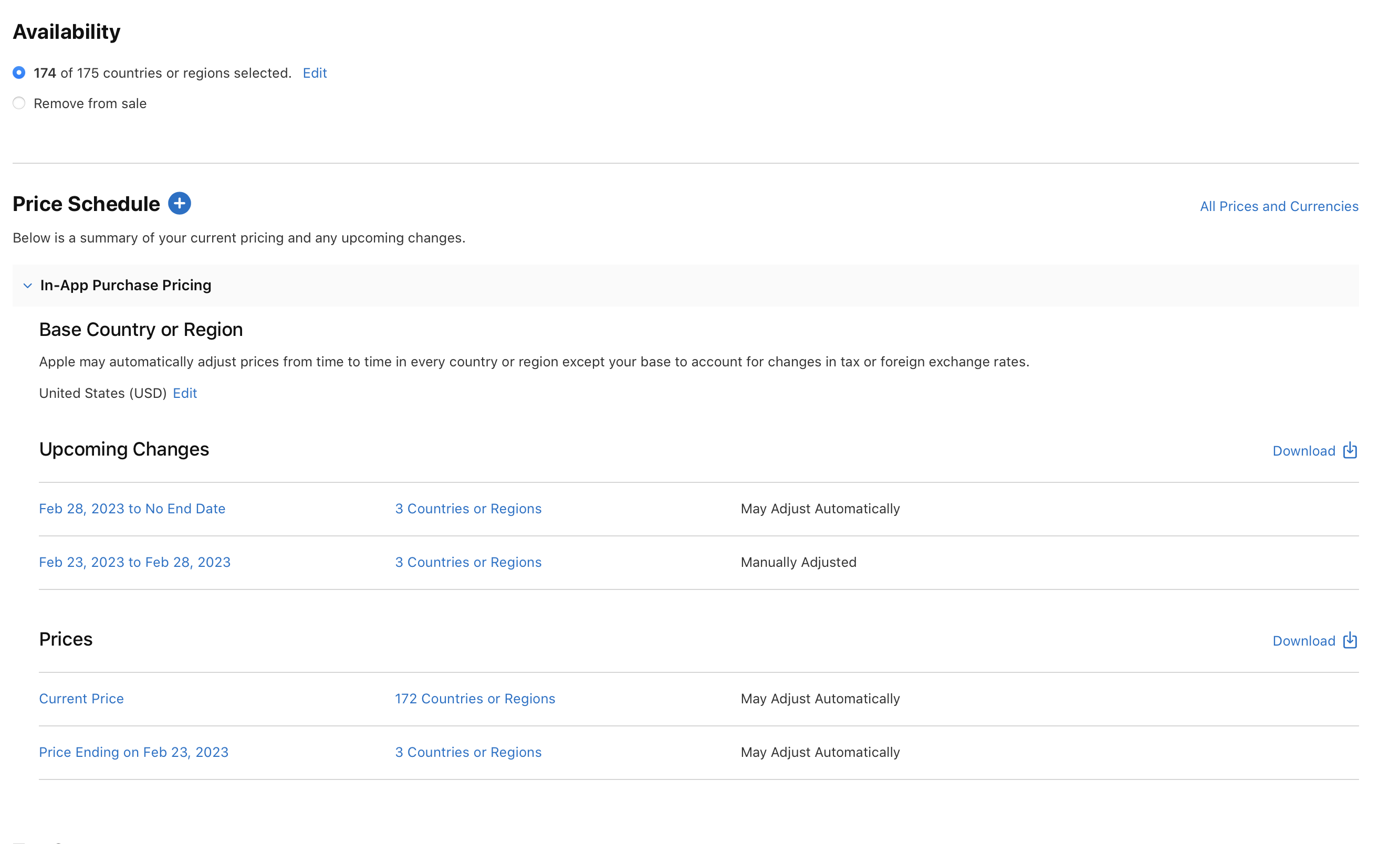 截屏为一个表格，标题为“价格时间表”，包含“即将进行的调整”和“当前价格”两个部分。支持编辑和下载 App 内购买项目的价格信息。