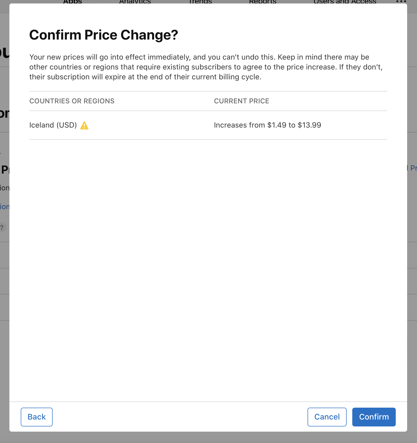 A screenshot of a modal titled Confirm Price Change?: Notifies that new prices will take effect immediately and can't be undone. Lists Iceland with a current price of $1.49, increasing to $13.99. Includes Back, Cancel, and Confirm buttons at the bottom.