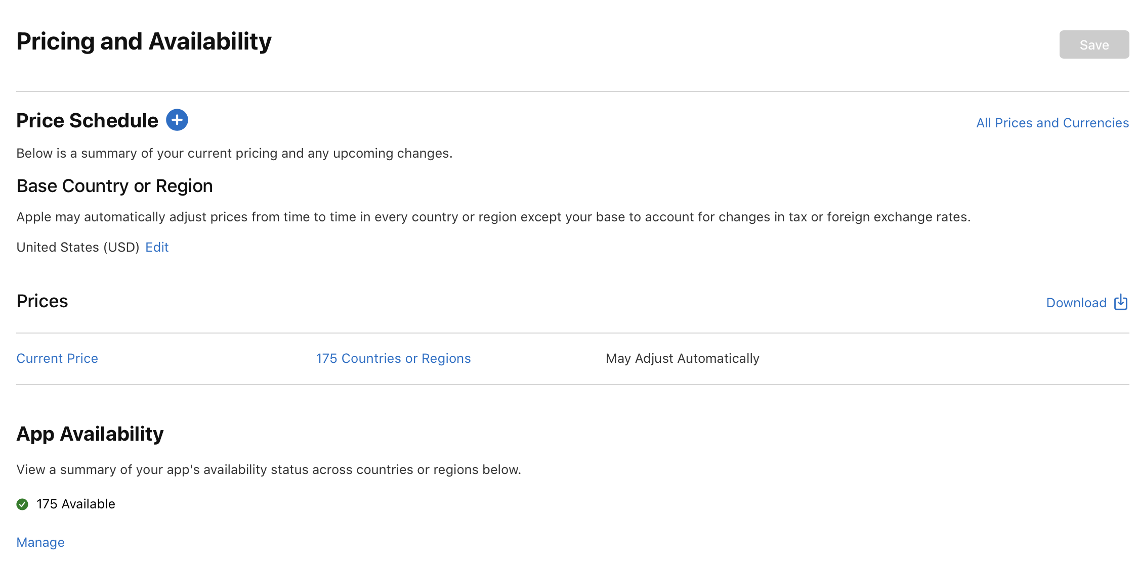 “가격 및 사용 가능 여부” 페이지의 “앱 사용 가능 여부” 섹션에 “관리” 링크가 표시된 모습을 보여주는 스크린샷입니다.