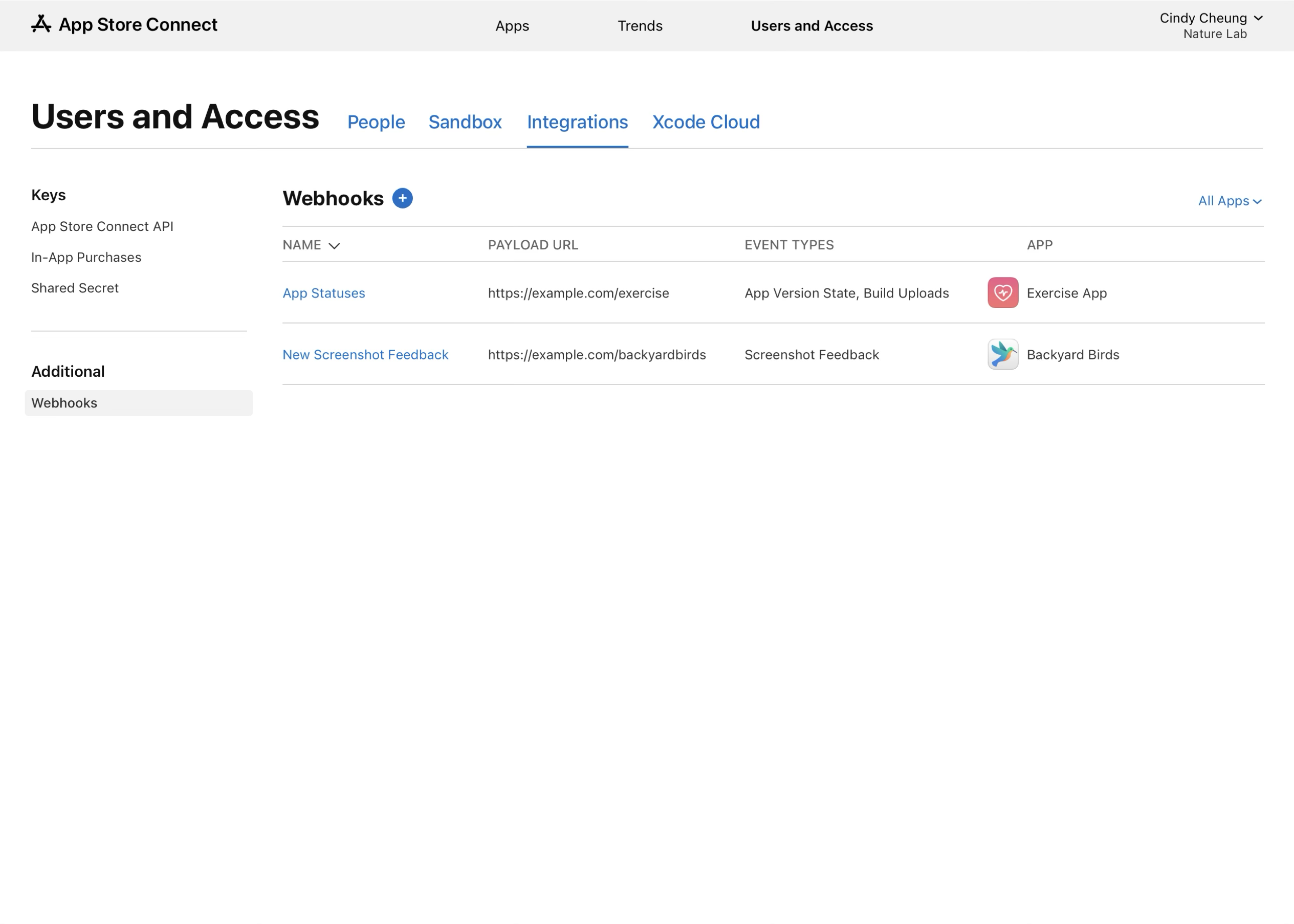 「ユーザとアクセス」セクションのスクリーンショット。「名前」、「ペイロードURL」、「イベントタイプ」、「アプリ」の列のある表が表示されています。次の2つのWebhookが表示されています。1つ目は、アプリの各種ステータスにリンクされた「Exercise」というアプリのもの。2つ目は「Backyard Birds」というアプリにリンクされた新着のスクリーンショットフィードバックのもの。新しいWebhookを追加するためのプラスボタンがあります。
