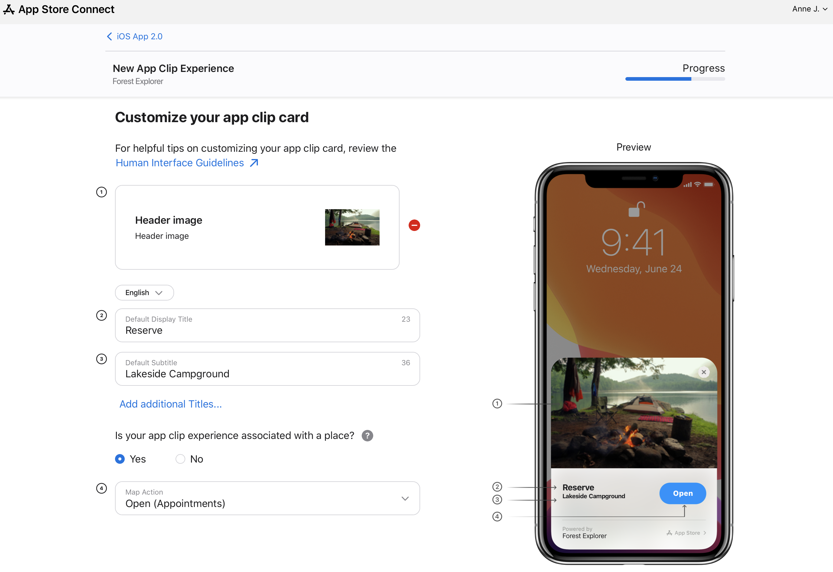 고급 앱 클립 메타데이터를 보여주는 스크린샷입니다. 앱 클립 카드를 사용자화할 수 있는 옵션을 포함하고 있습니다.