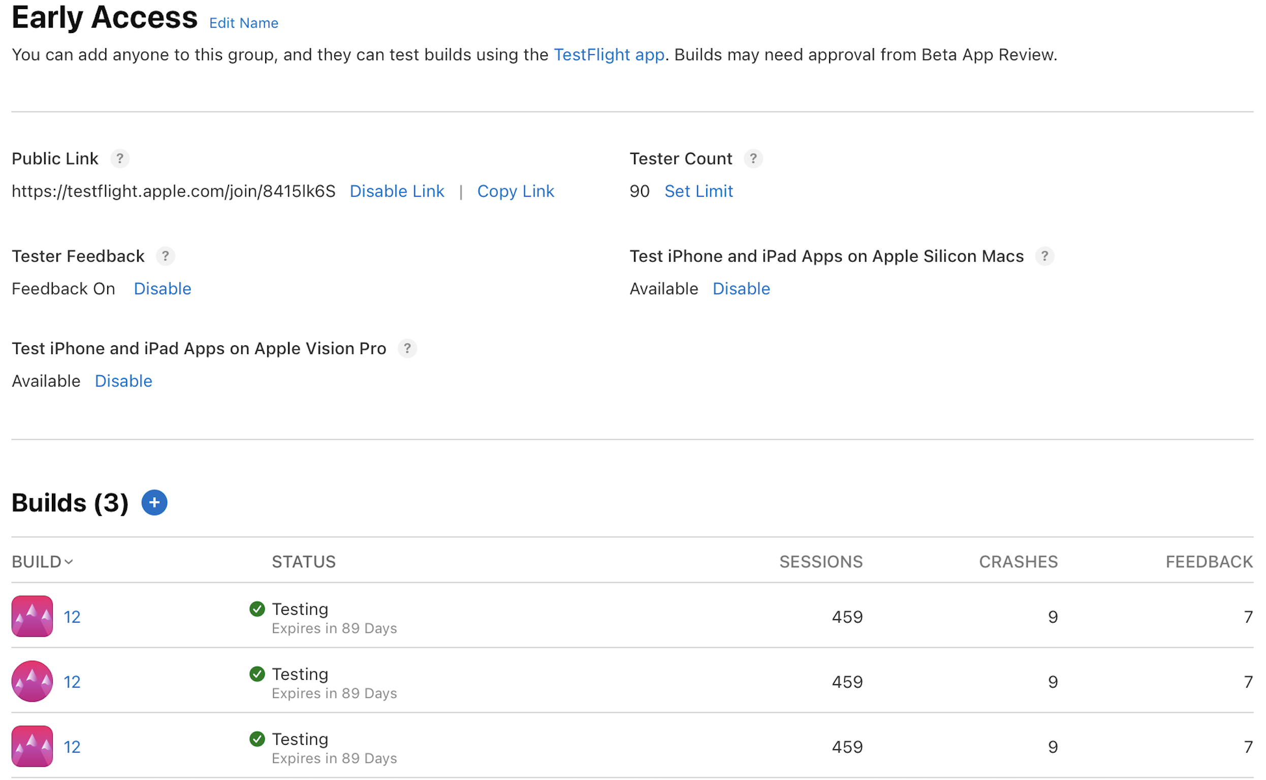 Screenshot of the TestFlight group detail page, where the "Test iPhone and iPad apps on Apple Vision Pro" section has a clickable Disable button.