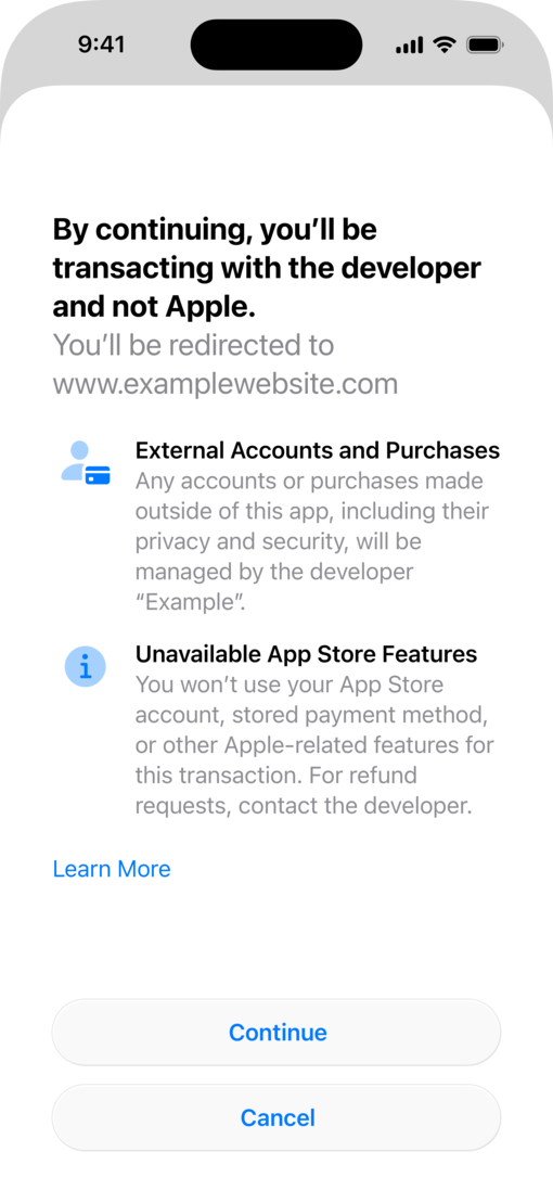iPhone 屏幕显示了用于外部网站付款处理的披露弹窗